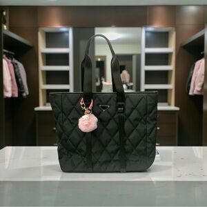 Elegant Black Nylon Quilted Tote Bag-Large Capacity-Hello Kitty bag charm-NWOT